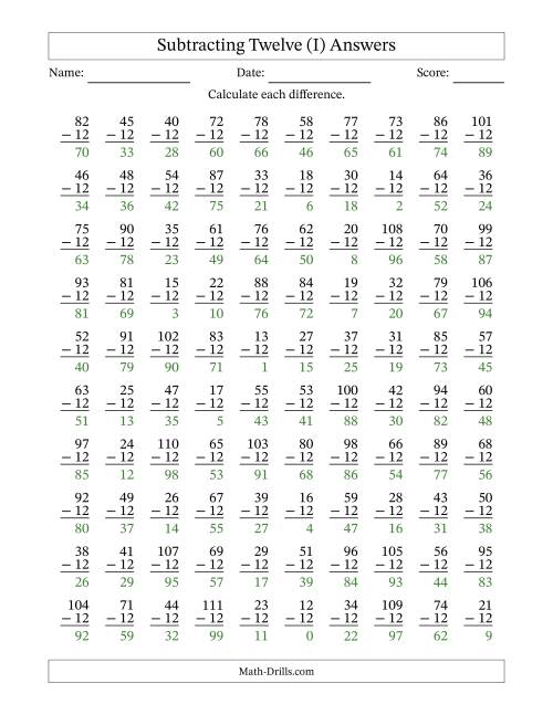 The Subtracting Twelve With Differences from 0 to 99 – 100 Questions (I) Math Worksheet Page 2