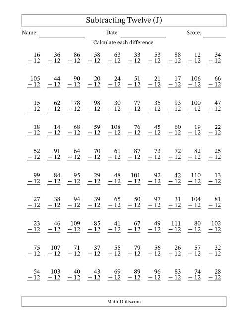 The Subtracting Twelve With Differences from 0 to 99 – 100 Questions (J) Math Worksheet