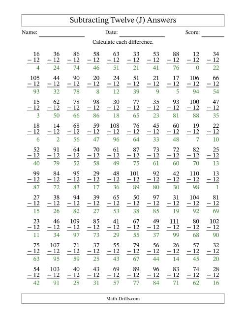 The Subtracting Twelve (12) with Differences 0 to 99 (100 Questions) (J) Math Worksheet Page 2