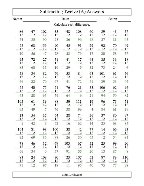 The Subtracting Twelve (12) with Differences 0 to 99 (100 Questions) (All) Math Worksheet Page 2