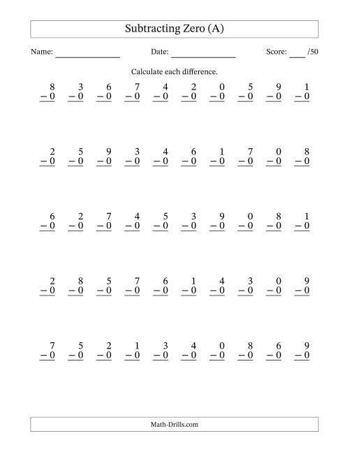 The Subtracting Zero (0) with Differences 0 to 9 (50 Questions) (A) Math Worksheet