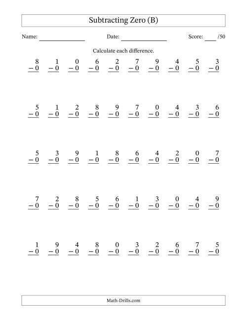 The Subtracting Zero With Differences from 0 to 9 – 50 Questions (B) Math Worksheet