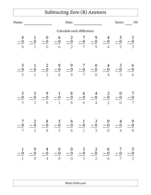 The Subtracting Zero With Differences from 0 to 9 – 50 Questions (B) Math Worksheet Page 2