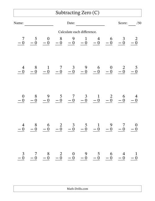 The Subtracting Zero With Differences from 0 to 9 – 50 Questions (C) Math Worksheet