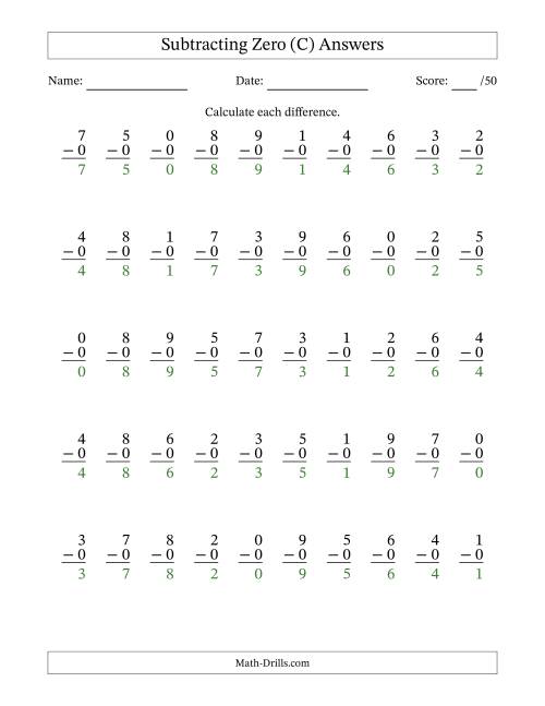 The Subtracting Zero With Differences from 0 to 9 – 50 Questions (C) Math Worksheet Page 2
