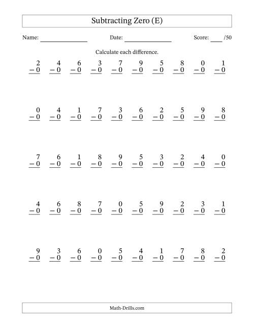 The Subtracting Zero With Differences from 0 to 9 – 50 Questions (E) Math Worksheet