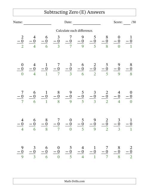The Subtracting Zero With Differences from 0 to 9 – 50 Questions (E) Math Worksheet Page 2