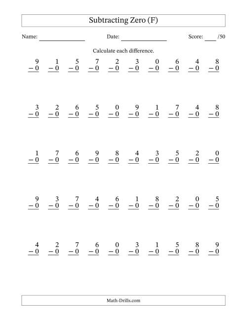 The Subtracting Zero With Differences from 0 to 9 – 50 Questions (F) Math Worksheet