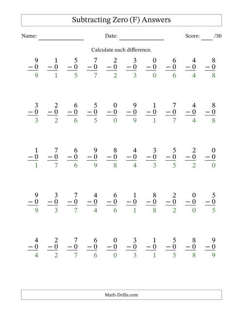 The Subtracting Zero With Differences from 0 to 9 – 50 Questions (F) Math Worksheet Page 2