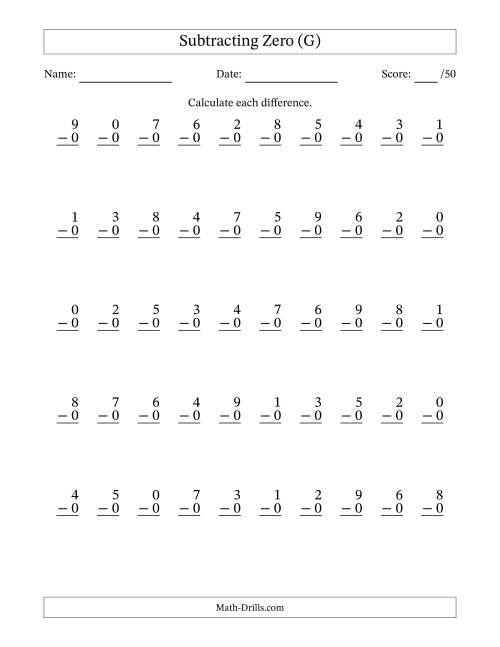 The Subtracting Zero With Differences from 0 to 9 – 50 Questions (G) Math Worksheet
