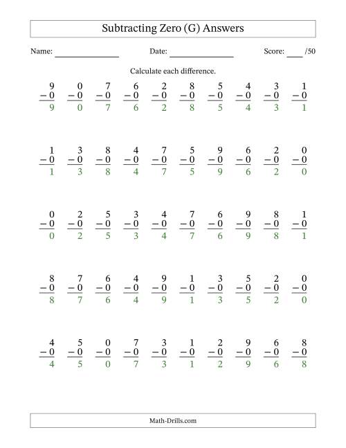The Subtracting Zero With Differences from 0 to 9 – 50 Questions (G) Math Worksheet Page 2