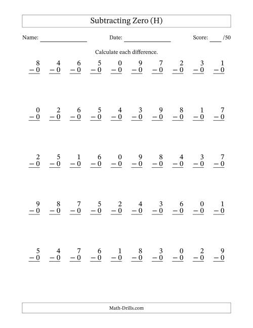 The Subtracting Zero With Differences from 0 to 9 – 50 Questions (H) Math Worksheet