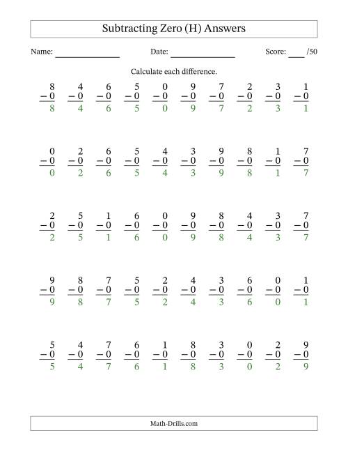 The Subtracting Zero With Differences from 0 to 9 – 50 Questions (H) Math Worksheet Page 2