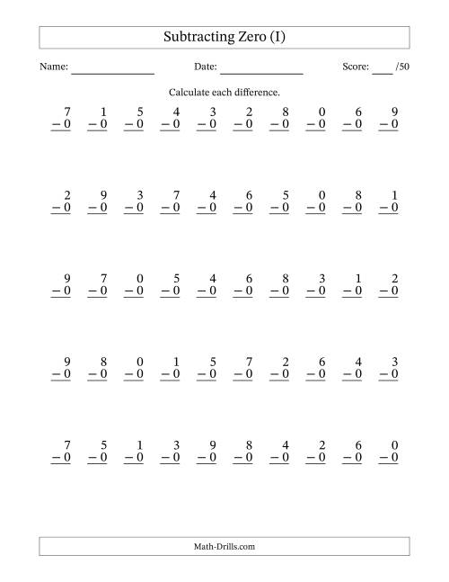 The Subtracting Zero With Differences from 0 to 9 – 50 Questions (I) Math Worksheet