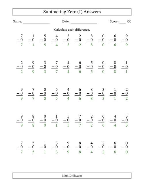 The Subtracting Zero With Differences from 0 to 9 – 50 Questions (I) Math Worksheet Page 2