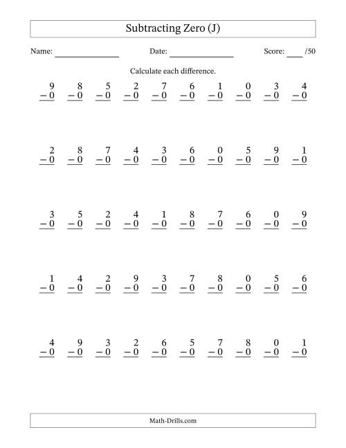 The Subtracting Zero With Differences from 0 to 9 – 50 Questions (J) Math Worksheet