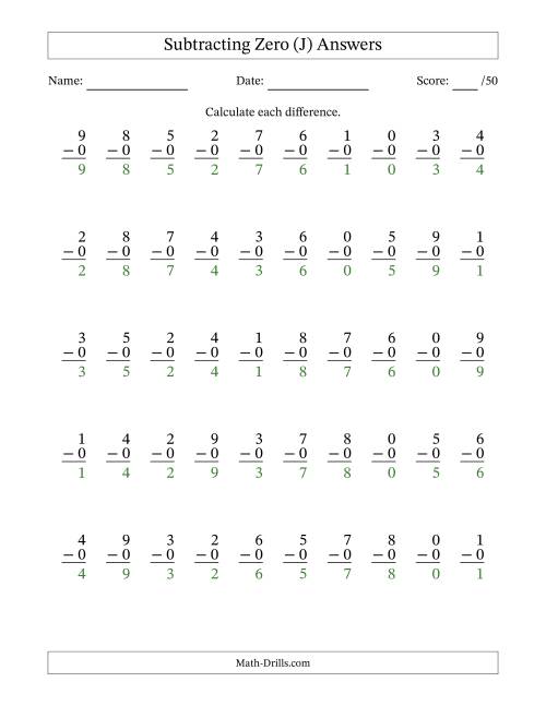 The Subtracting Zero With Differences from 0 to 9 – 50 Questions (J) Math Worksheet Page 2