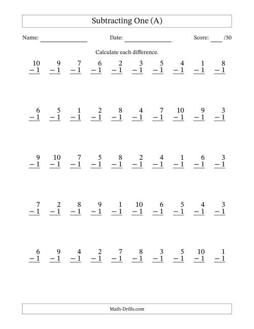 The Subtracting One (1) with Differences 0 to 9 (50 Questions) (A) Math Worksheet