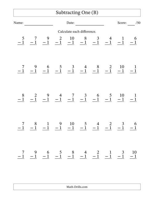 The Subtracting One With Differences from 0 to 9 – 50 Questions (B) Math Worksheet