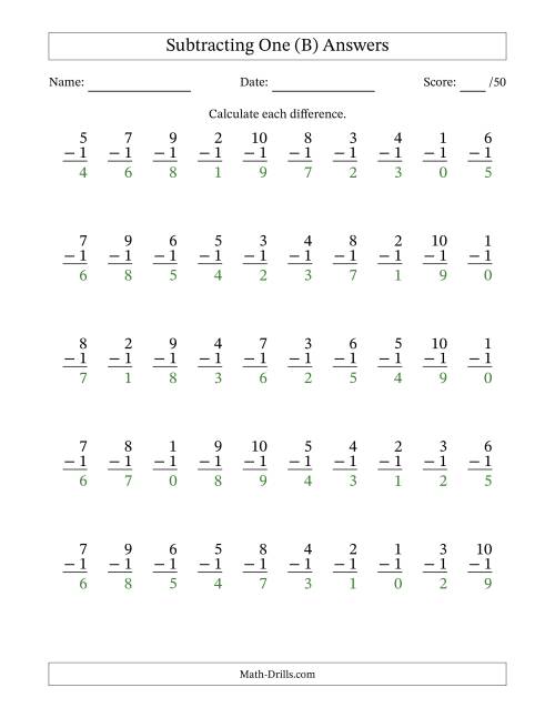 The Subtracting One With Differences from 0 to 9 – 50 Questions (B) Math Worksheet Page 2