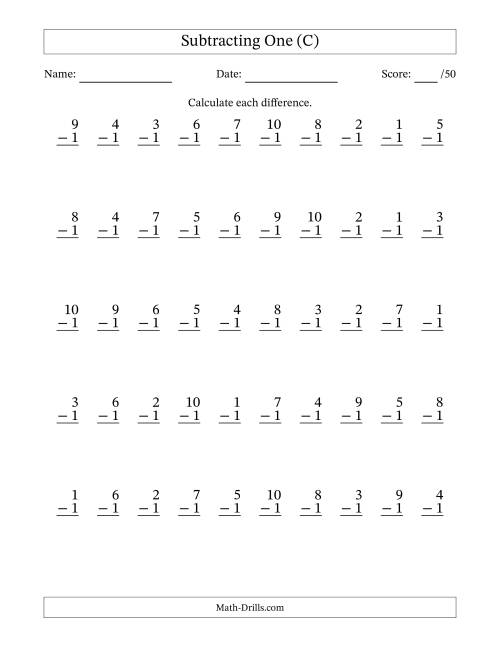 The Subtracting One With Differences from 0 to 9 – 50 Questions (C) Math Worksheet