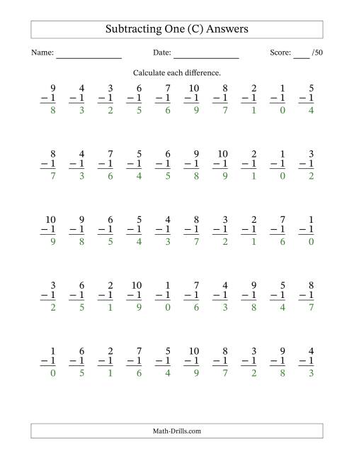The Subtracting One With Differences from 0 to 9 – 50 Questions (C) Math Worksheet Page 2