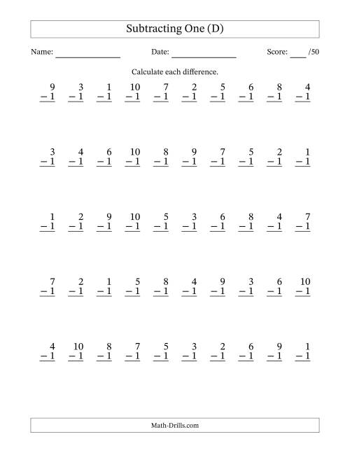 The Subtracting One With Differences from 0 to 9 – 50 Questions (D) Math Worksheet