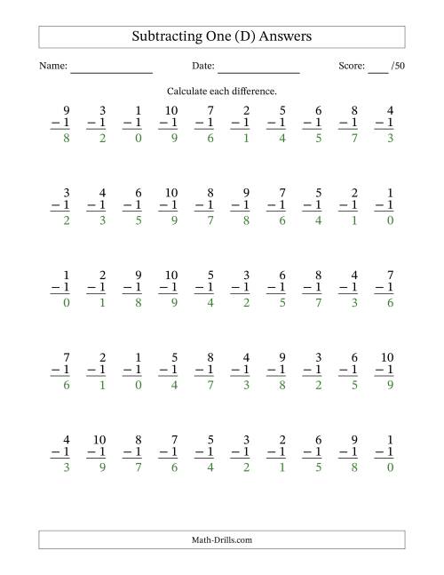 The Subtracting One With Differences from 0 to 9 – 50 Questions (D) Math Worksheet Page 2