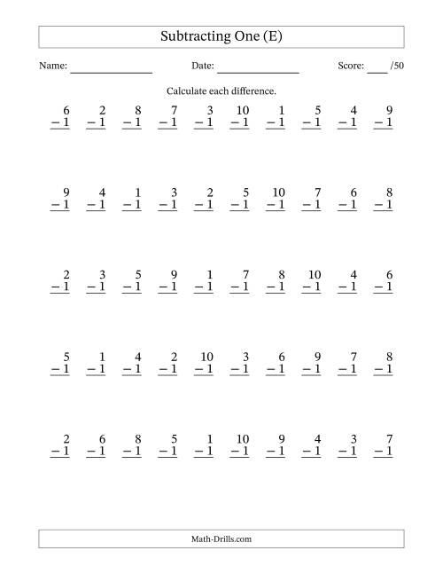 The Subtracting One With Differences from 0 to 9 – 50 Questions (E) Math Worksheet