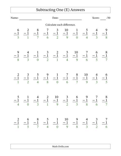The Subtracting One With Differences from 0 to 9 – 50 Questions (E) Math Worksheet Page 2