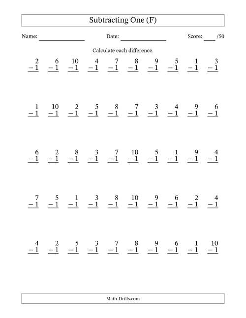 The Subtracting One With Differences from 0 to 9 – 50 Questions (F) Math Worksheet