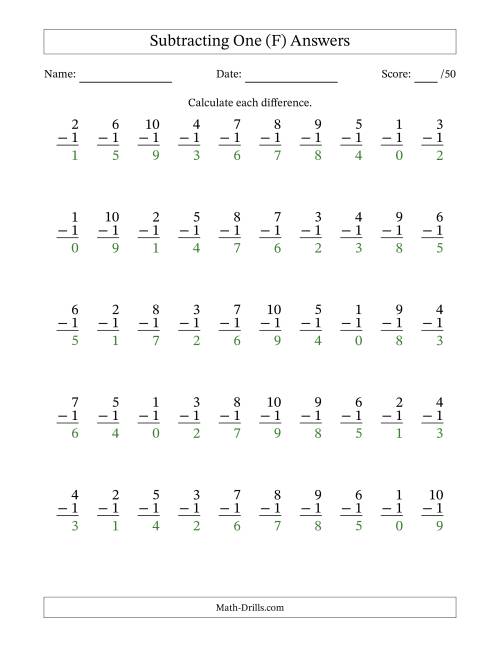 The Subtracting One With Differences from 0 to 9 – 50 Questions (F) Math Worksheet Page 2