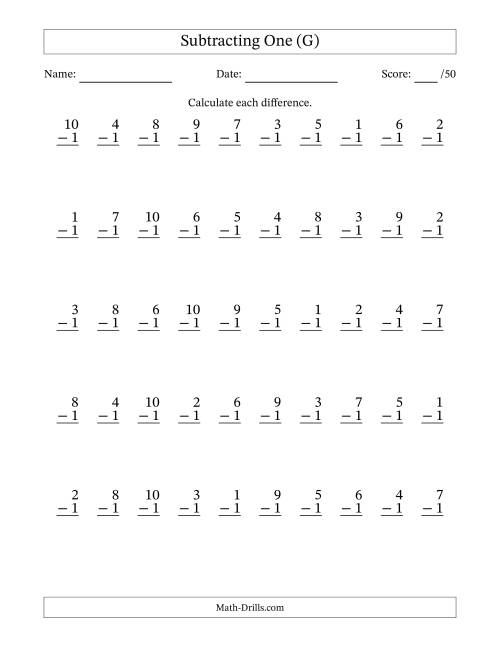 The Subtracting One With Differences from 0 to 9 – 50 Questions (G) Math Worksheet