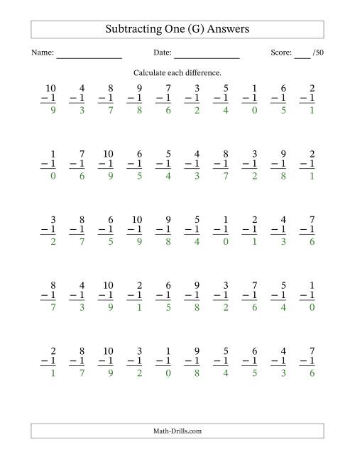 The Subtracting One With Differences from 0 to 9 – 50 Questions (G) Math Worksheet Page 2