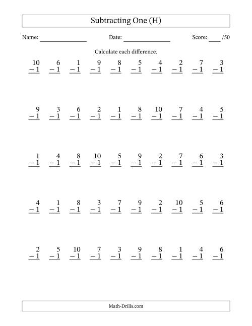 The Subtracting One With Differences from 0 to 9 – 50 Questions (H) Math Worksheet