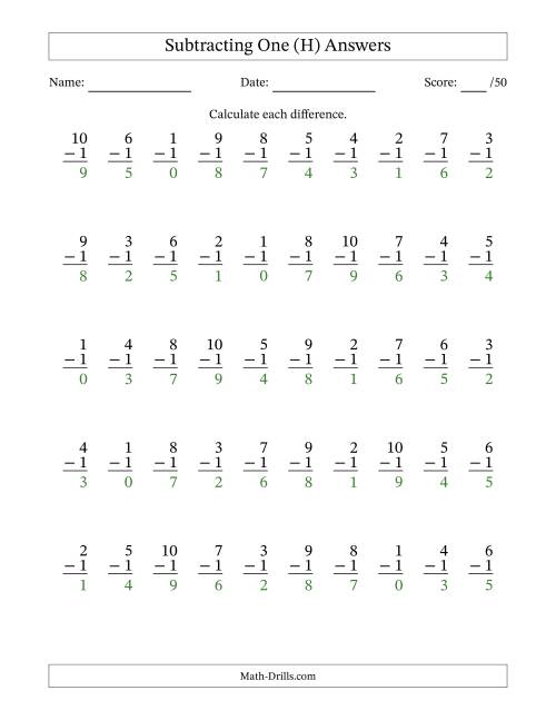 The Subtracting One With Differences from 0 to 9 – 50 Questions (H) Math Worksheet Page 2