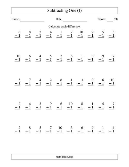The Subtracting One With Differences from 0 to 9 – 50 Questions (I) Math Worksheet