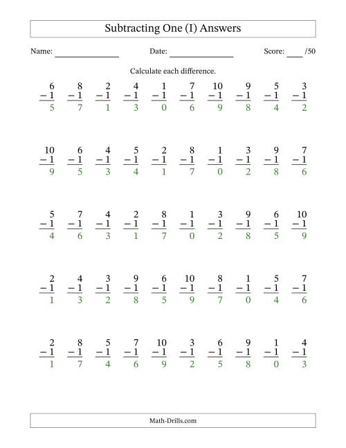 The Subtracting One With Differences from 0 to 9 – 50 Questions (I) Math Worksheet Page 2