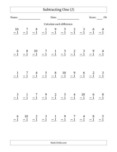 The Subtracting One With Differences from 0 to 9 – 50 Questions (J) Math Worksheet
