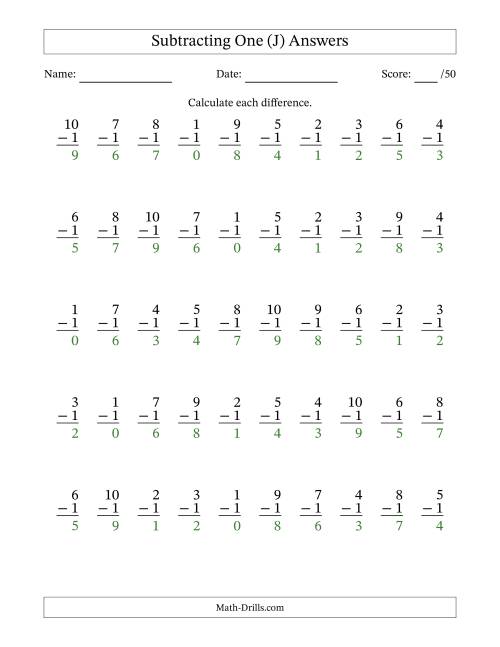 The Subtracting One With Differences from 0 to 9 – 50 Questions (J) Math Worksheet Page 2