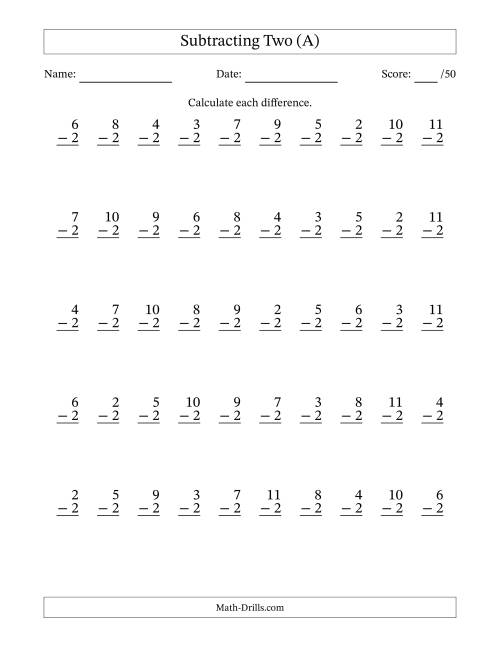The Subtracting Two (2) with Differences 0 to 9 (50 Questions) (A) Math Worksheet
