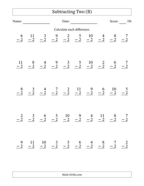 The Subtracting Two With Differences from 0 to 9 – 50 Questions (B) Math Worksheet