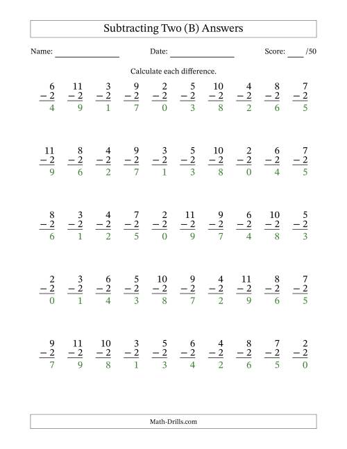 The Subtracting Two With Differences from 0 to 9 – 50 Questions (B) Math Worksheet Page 2