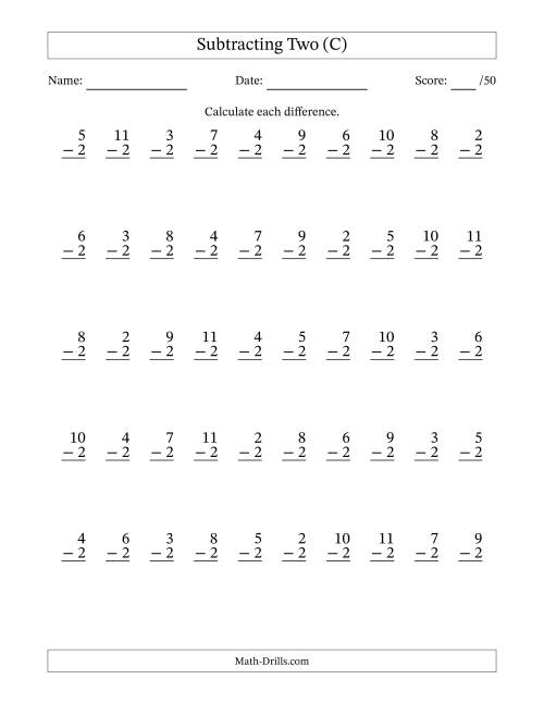 The Subtracting Two With Differences from 0 to 9 – 50 Questions (C) Math Worksheet
