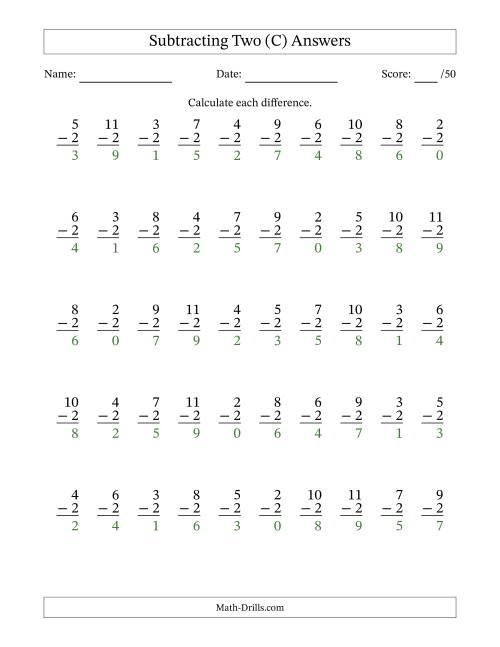 The Subtracting Two With Differences from 0 to 9 – 50 Questions (C) Math Worksheet Page 2