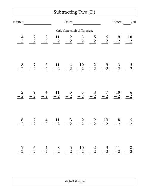 The Subtracting Two With Differences from 0 to 9 – 50 Questions (D) Math Worksheet