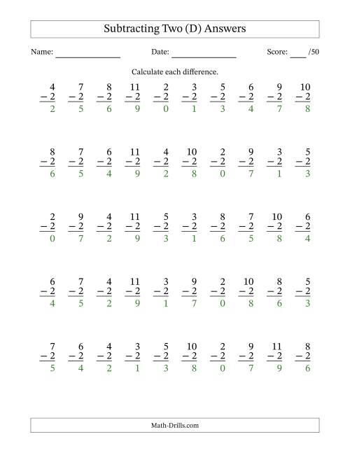 The Subtracting Two With Differences from 0 to 9 – 50 Questions (D) Math Worksheet Page 2