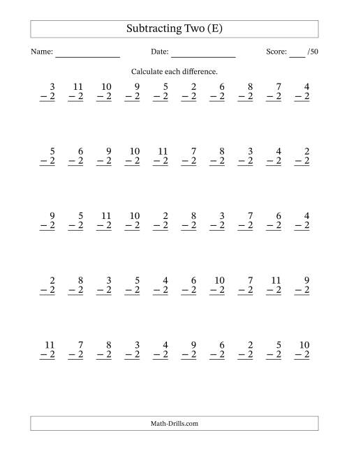 The Subtracting Two With Differences from 0 to 9 – 50 Questions (E) Math Worksheet