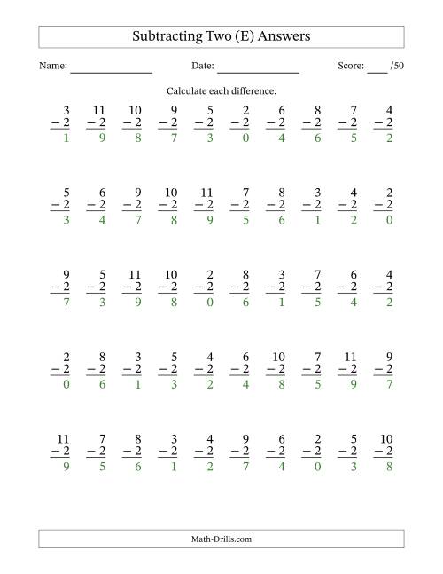 The Subtracting Two With Differences from 0 to 9 – 50 Questions (E) Math Worksheet Page 2
