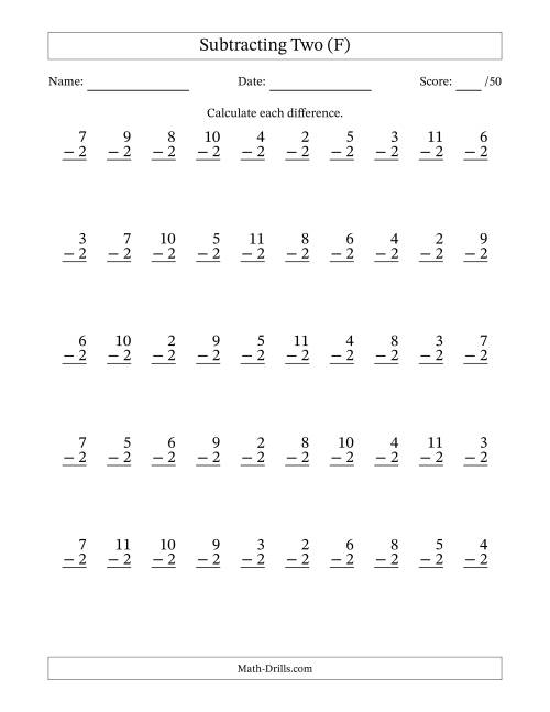 The Subtracting Two With Differences from 0 to 9 – 50 Questions (F) Math Worksheet